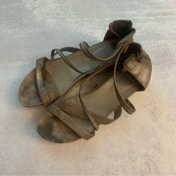 Eileen Fisher Leather Metallic Distressed Strappy Sandals - Picture 12 of 12